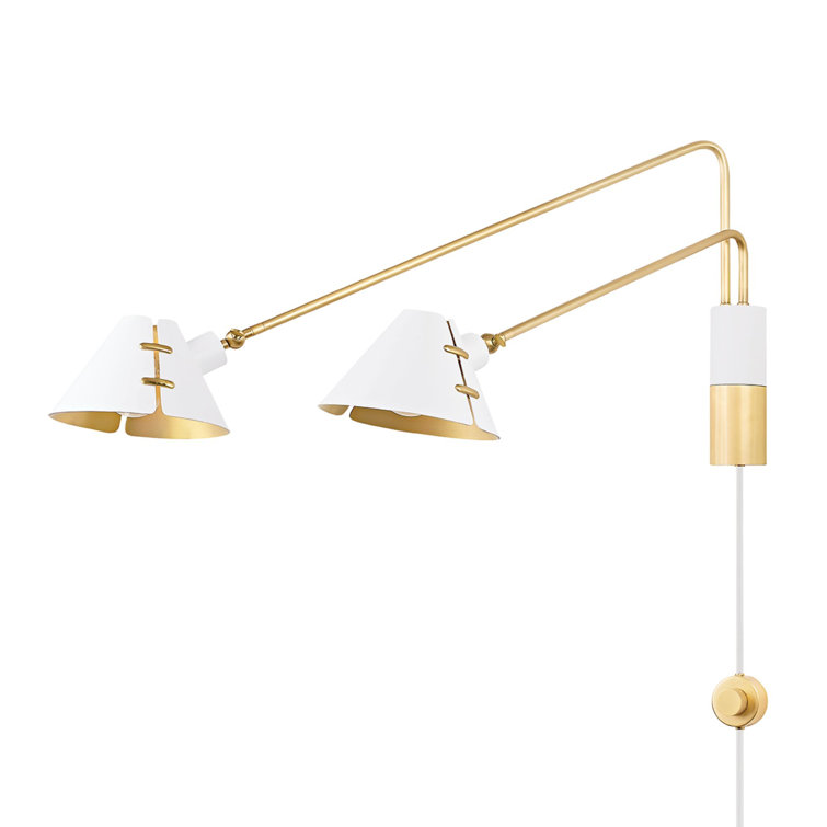 Aged Brass and White Dual Arm Plug-In Sconce