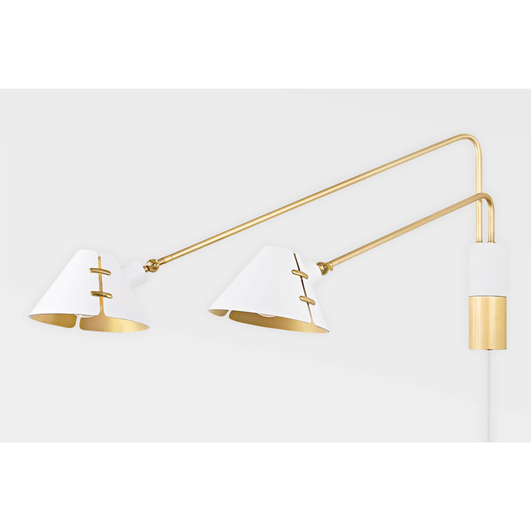 Aged Brass and White Dual Arm Plug-In Sconce