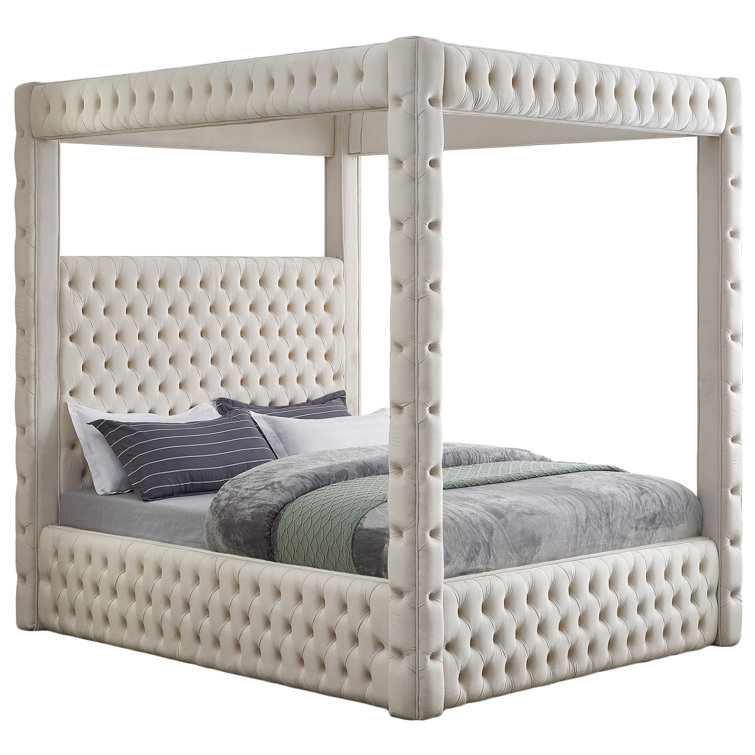Cream Velvet Tufted Upholstered Queen Canopy Platform Bed