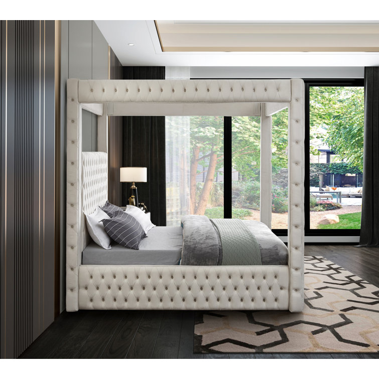 Cream Velvet Tufted Upholstered Queen Canopy Platform Bed