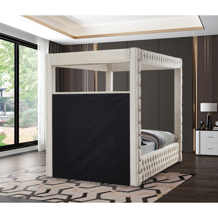 Cream Velvet Tufted Upholstered Queen Canopy Platform Bed