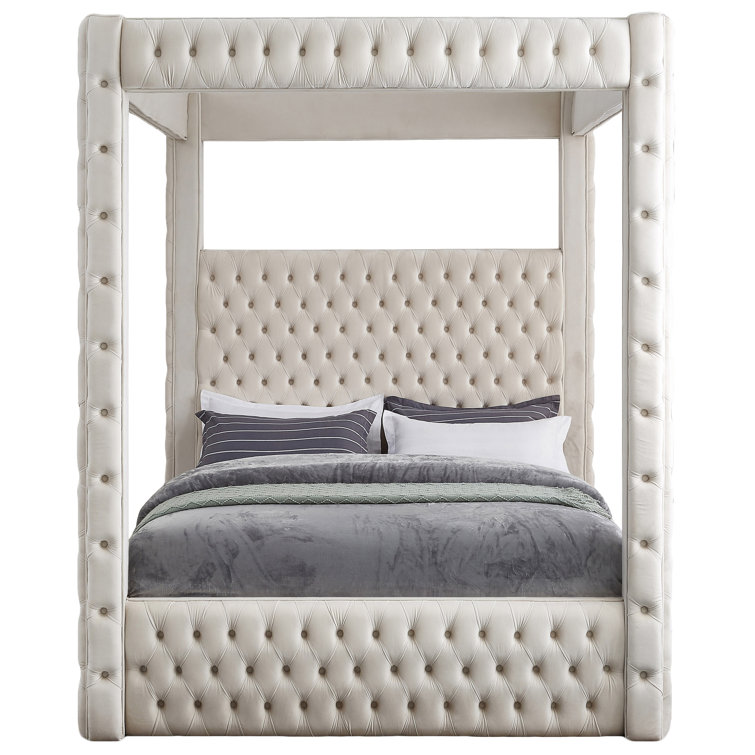 Cream Velvet Tufted Upholstered King Canopy Bed