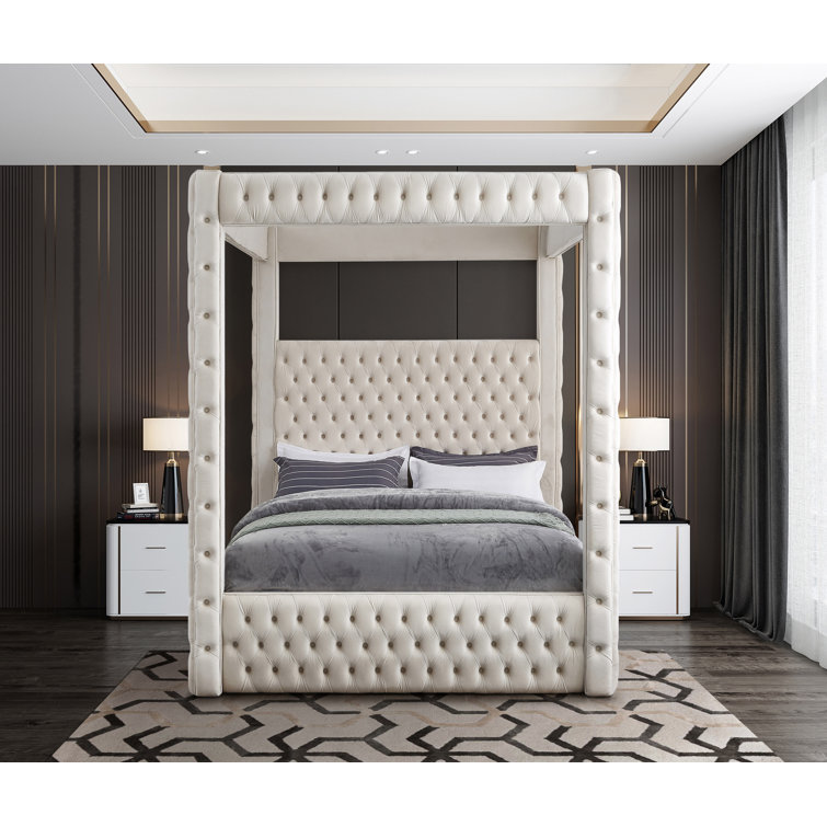Cream Velvet Tufted Upholstered King Canopy Bed