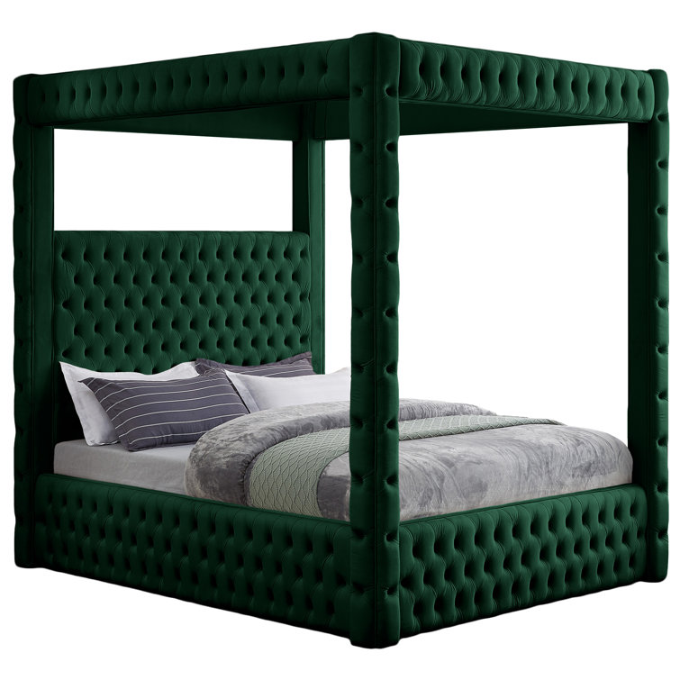 Green Velvet Tufted Upholstered King Platform Bed with Canopy