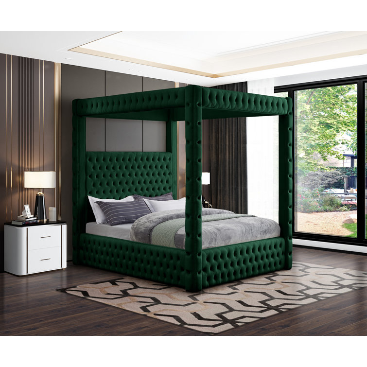 Green Velvet Tufted Upholstered King Platform Bed with Canopy