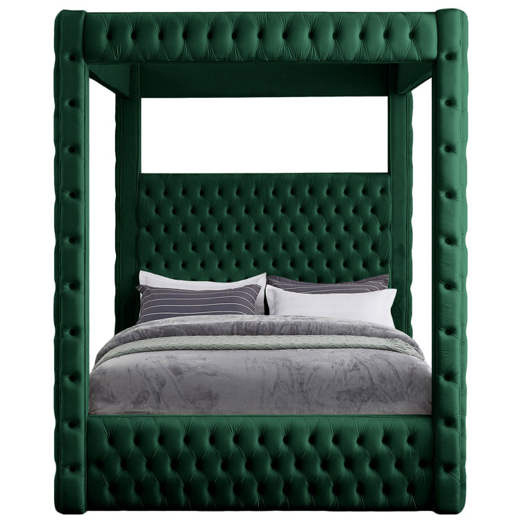 Green Velvet Tufted Upholstered King Platform Bed with Canopy