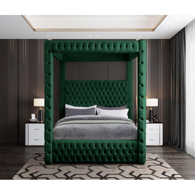 Green Velvet Tufted Upholstered King Platform Bed with Canopy