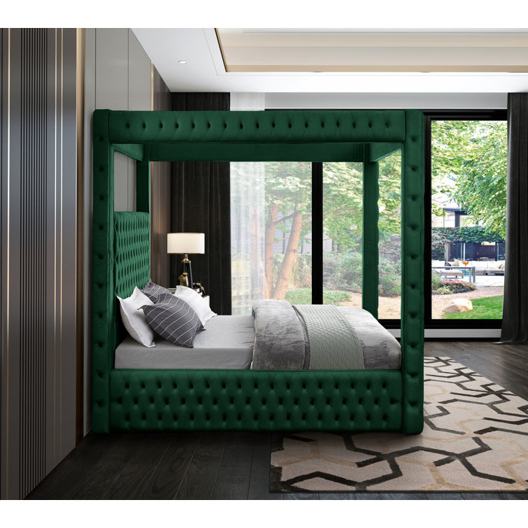 Green Velvet Tufted Upholstered King Platform Bed with Canopy