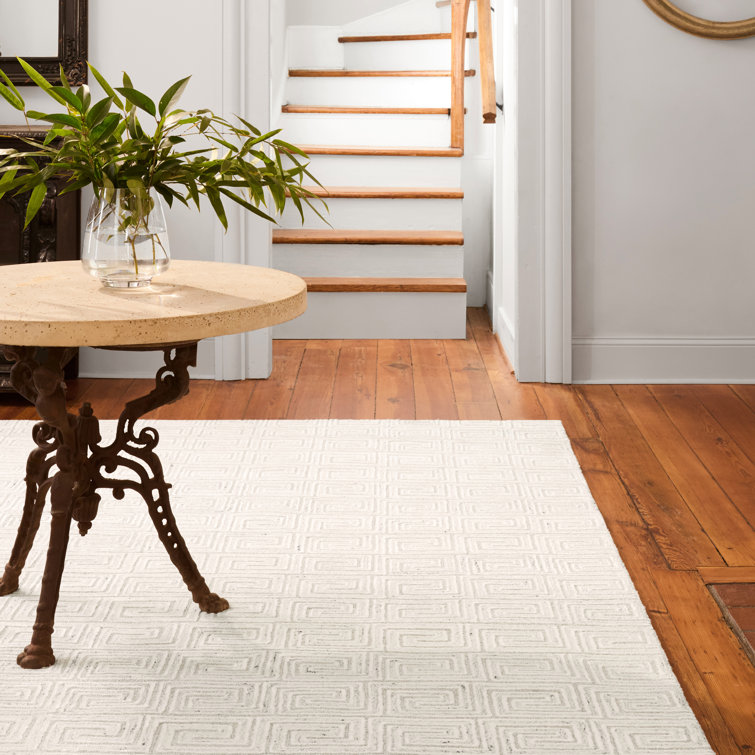Handmade White and Gray Geometric Wool Rug 9' x 13'