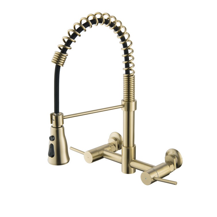 Brushed Gold Wall-Mounted Kitchen Faucet with Pull-Out Spray