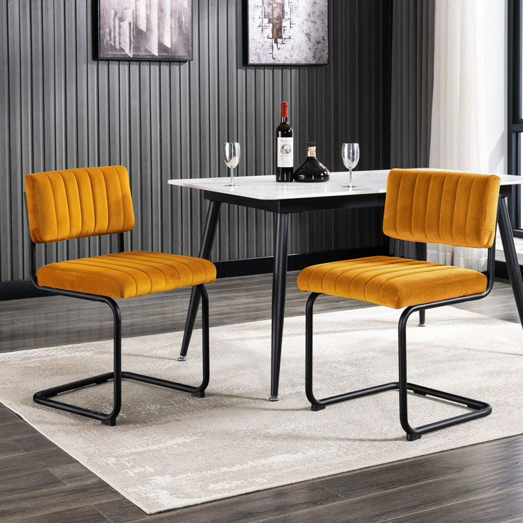 Orange Velvet Upholstered Side Chair with Black Metal Legs, Set of 2