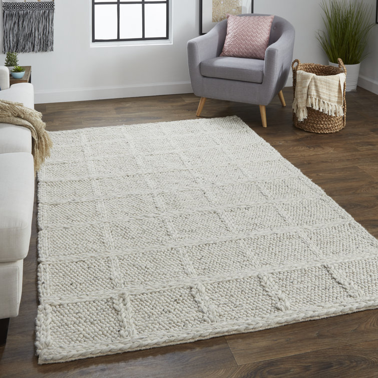 Ivory Handwoven Wool Rectangular Plaid Area Rug 2' x 3'