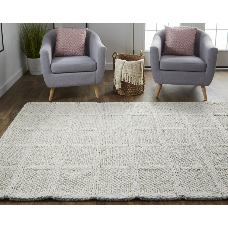 Ivory Handwoven Wool Rectangular Plaid Area Rug 2' x 3'