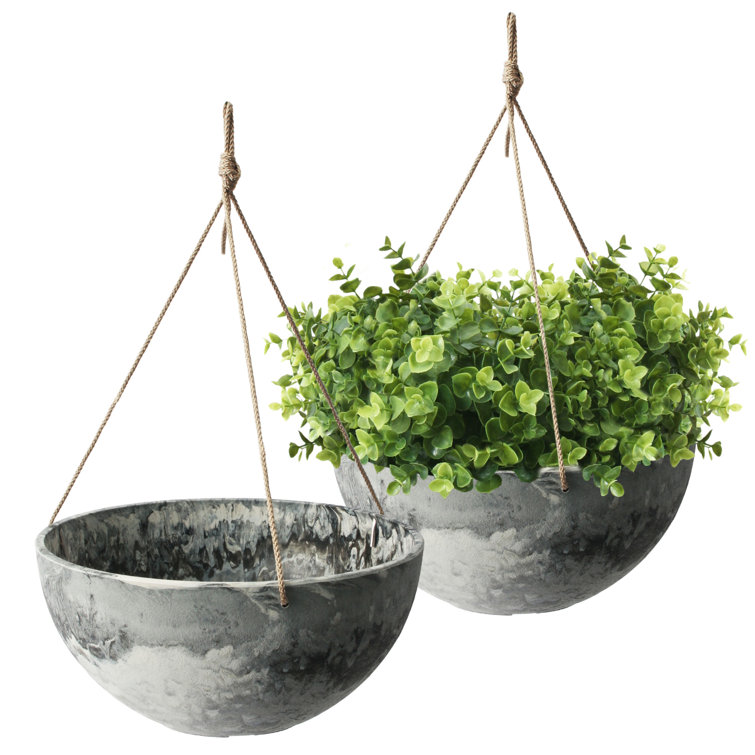 Gray Marble 14" Hanging Planter Set with Rope Hangers