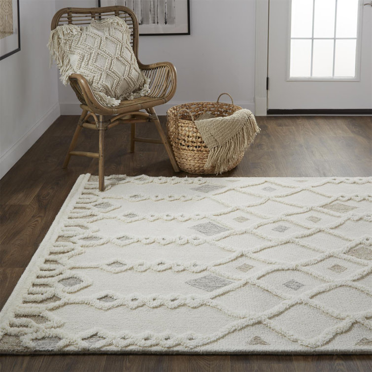 Ivory and Tan Hand-Tufted Wool Geometric Rug, 2' x 3'