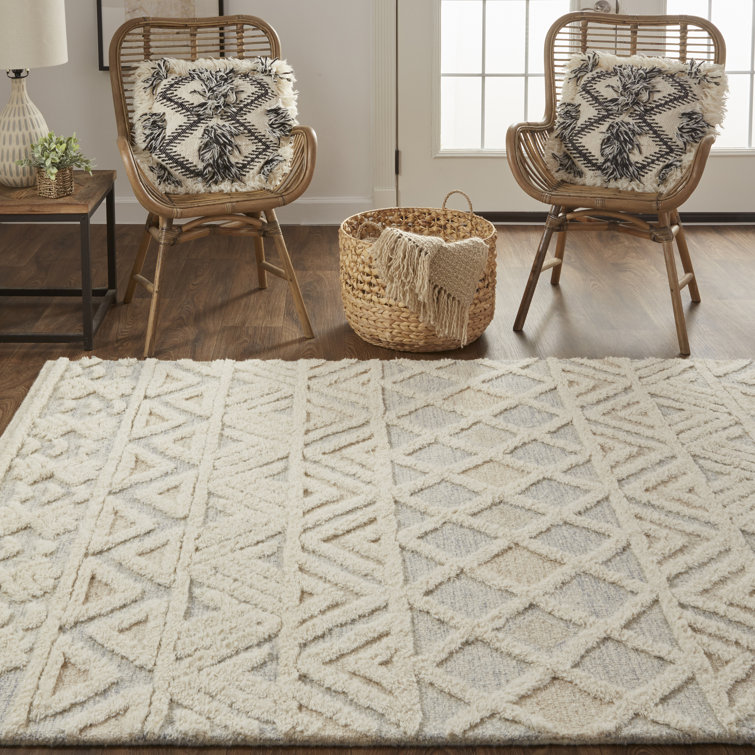 Scandinavian Cream and Blue Wool Geometric Area Rug