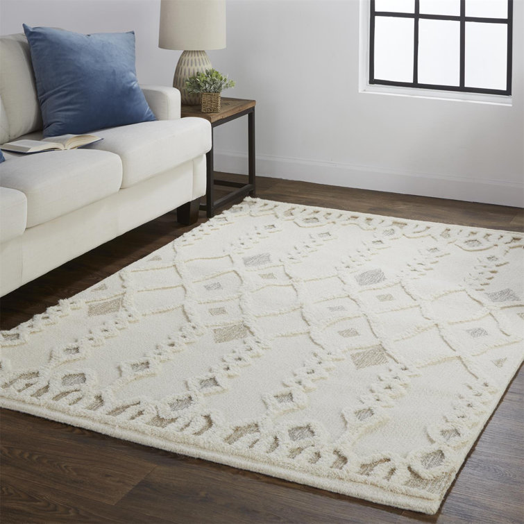 Ivory and Tan Hand-Tufted Wool Geometric Rug, 2' x 3'