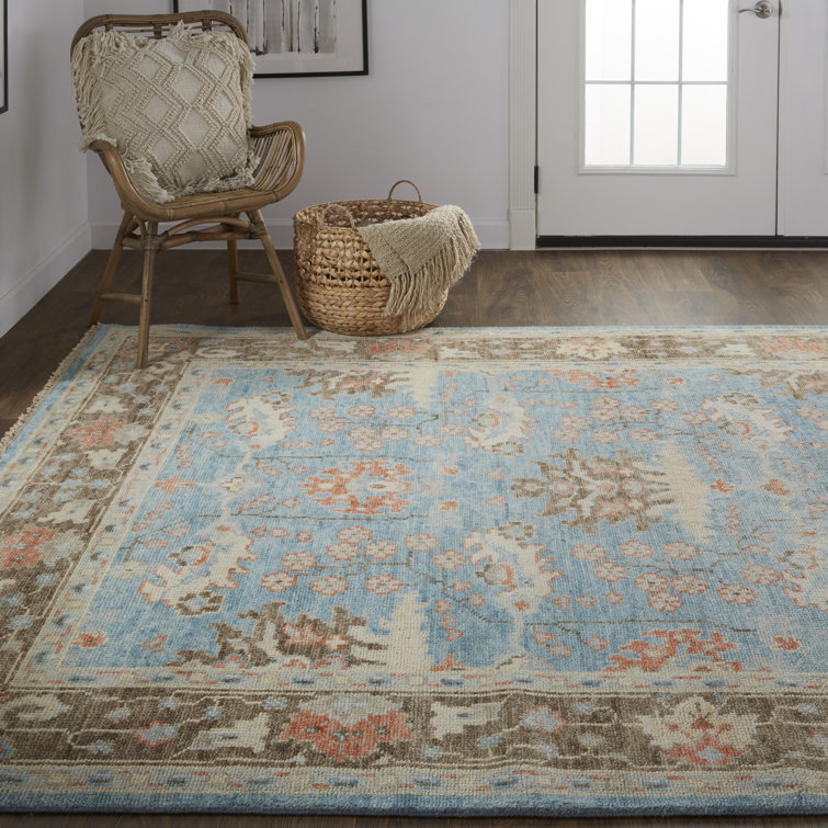Hand-Knotted Blue and Brown Wool Rectangular Area Rug