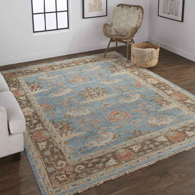 Hand-Knotted Blue and Brown Wool Rectangular Area Rug