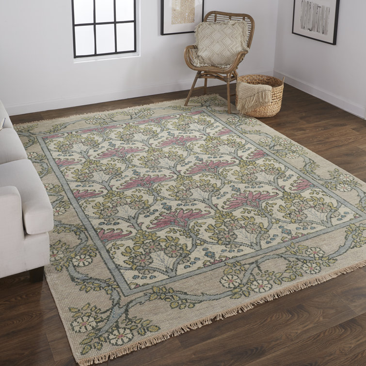 Gray and Pink Hand-Knotted Wool 3'6" x 5'6" Area Rug