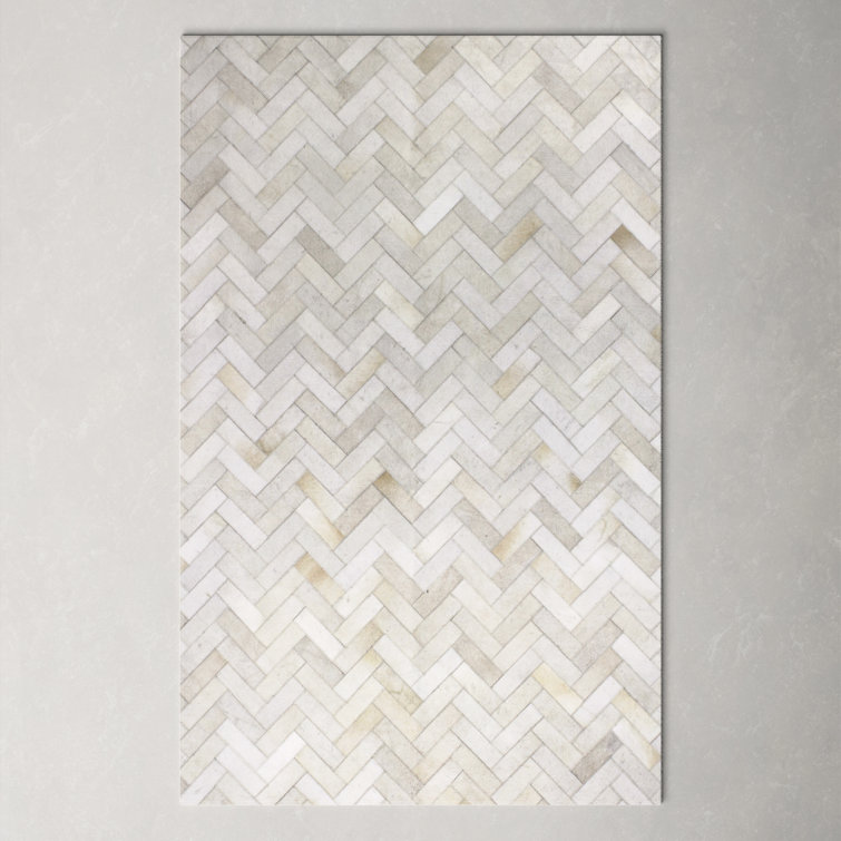 Handmade Cream Cowhide Geometric Runner Rug 2'6" x 8'