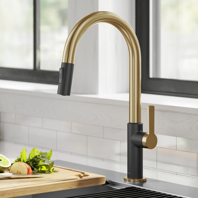 Brushed Brass and Matte Black Pull-Down Kitchen Faucet with Spray