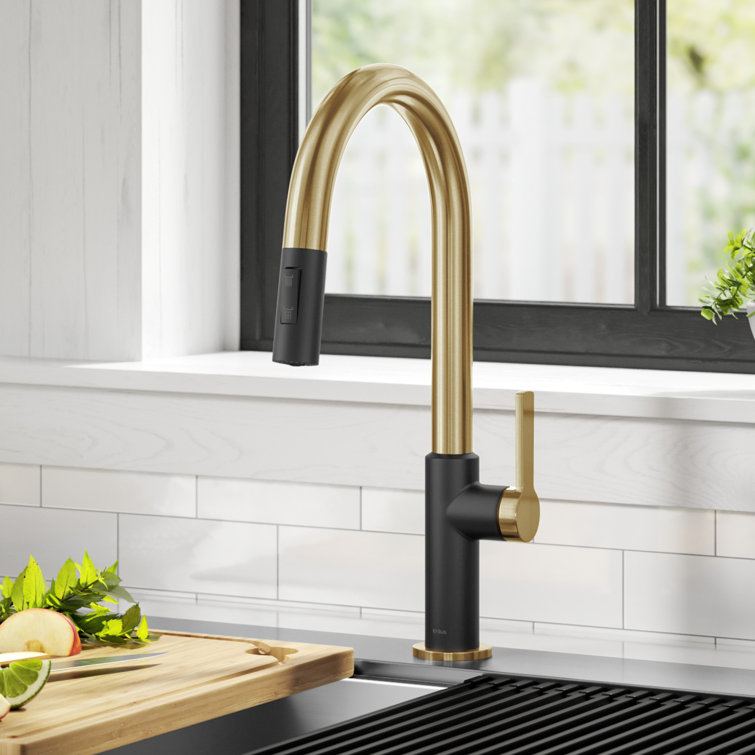 Brushed Brass and Matte Black Pull-Down Kitchen Faucet with Spray