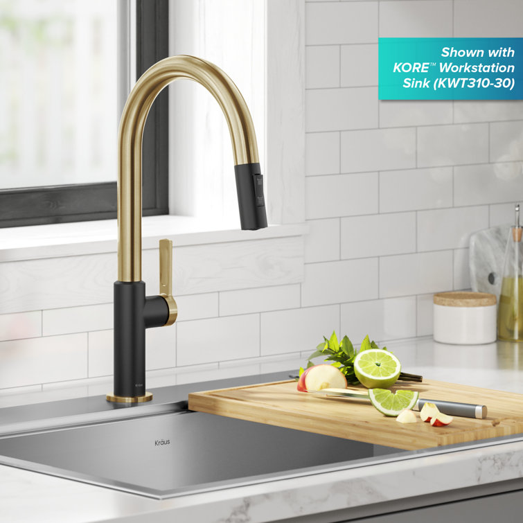 Brushed Brass and Matte Black Pull-Down Kitchen Faucet with Spray