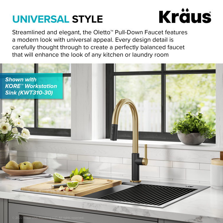 Brushed Brass and Matte Black Pull-Down Kitchen Faucet with Spray