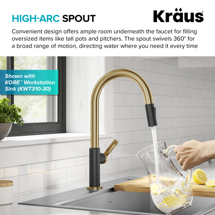 Brushed Brass and Matte Black Pull-Down Kitchen Faucet with Spray