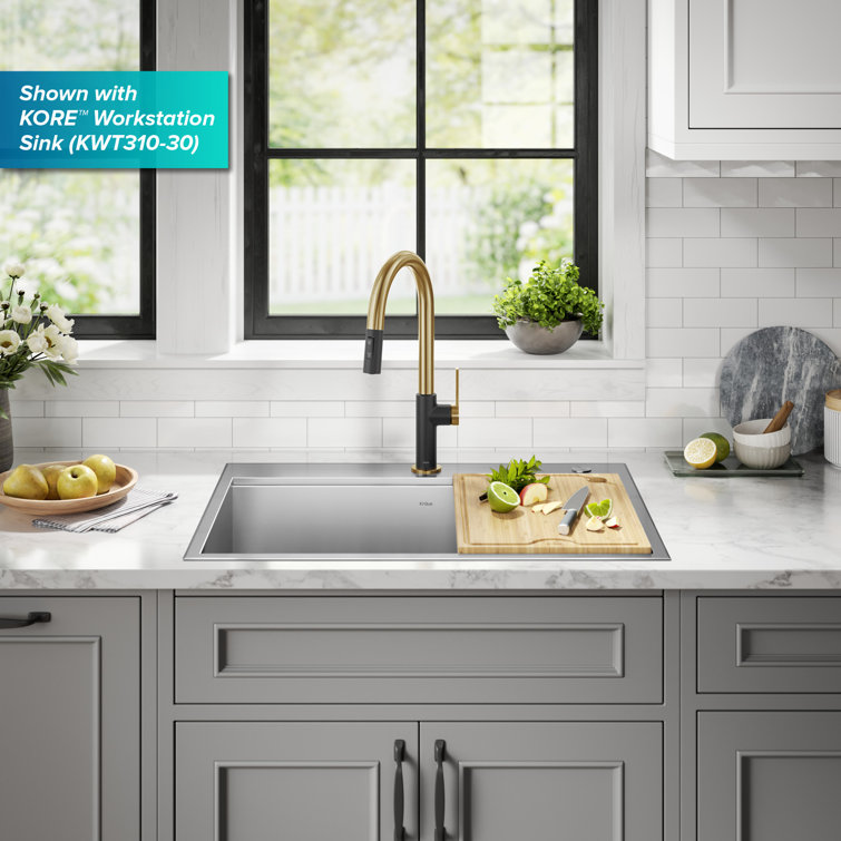 Brushed Brass and Matte Black Pull-Down Kitchen Faucet with Spray