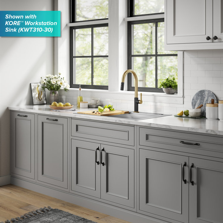 Brushed Brass and Matte Black Pull-Down Kitchen Faucet with Spray