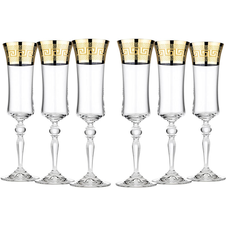 Versailles Gold-Plated Lead-Free Crystal Champagne Flute Set, 6oz, Set of 6
