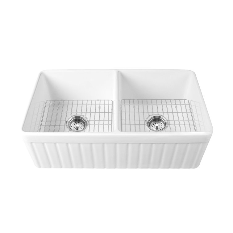 Nova 33" White Fireclay Double Basin Farmhouse Sink