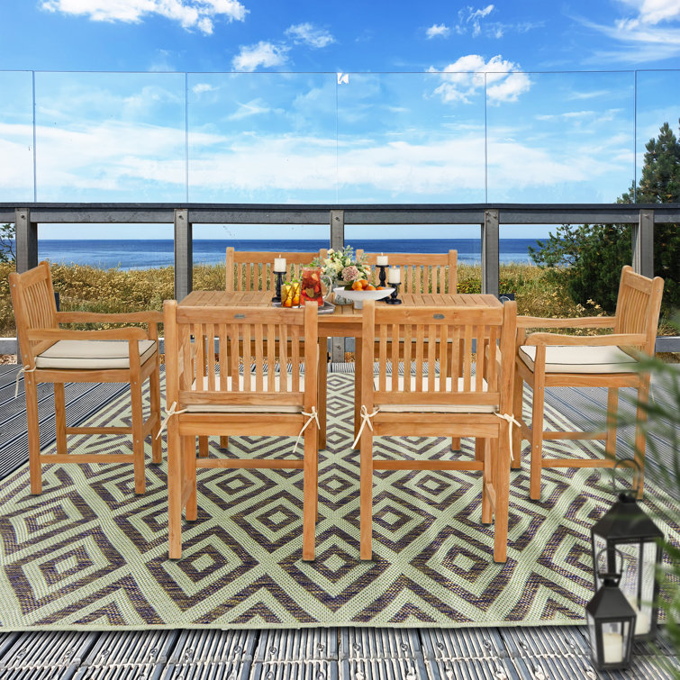 Brown Teak Rectangular Outdoor Dining Set with Cushions