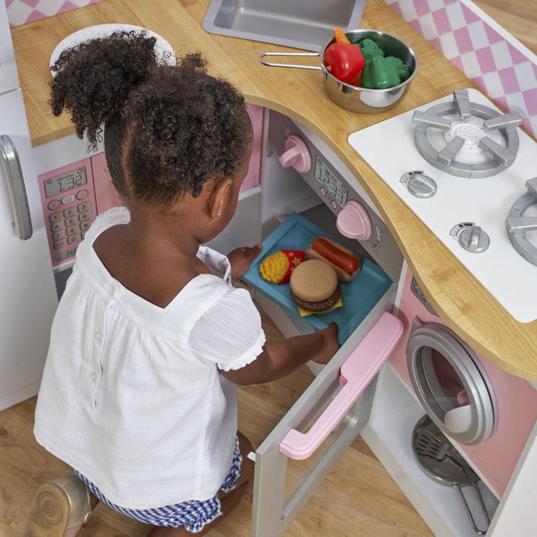 Pink and White Wooden Corner Play Kitchen Set with Accessories