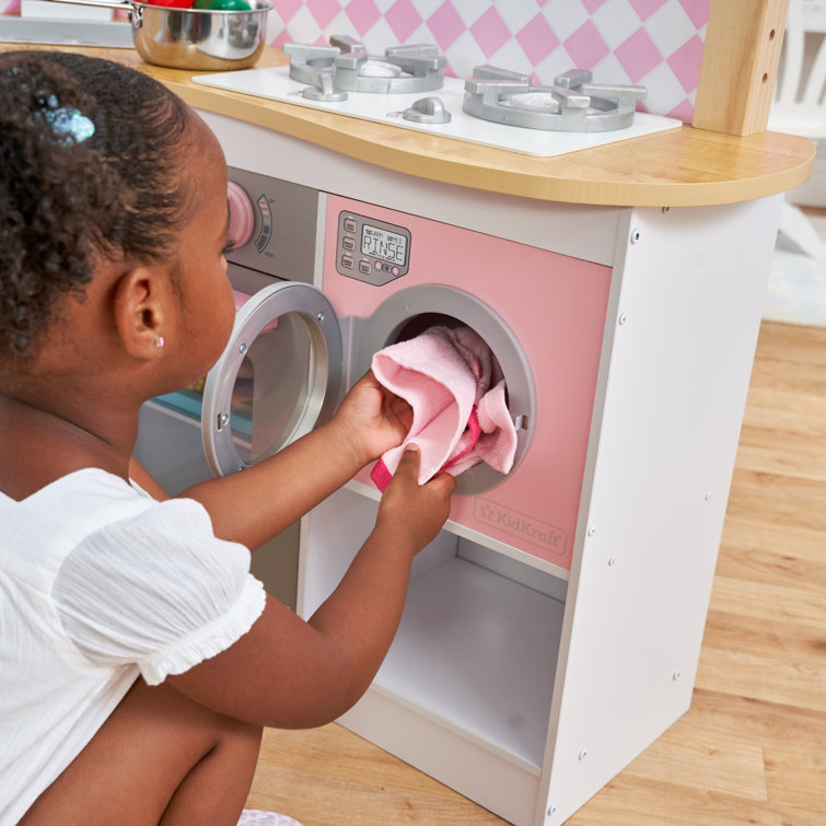 Pink and White Wooden Corner Play Kitchen Set with Accessories