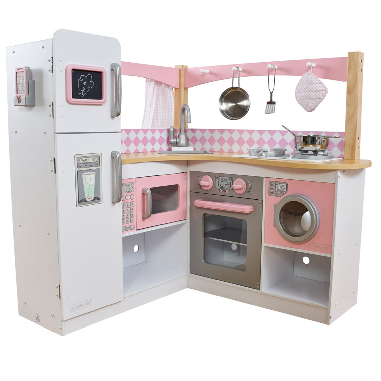 Pink and White Wooden Corner Play Kitchen Set with Accessories
