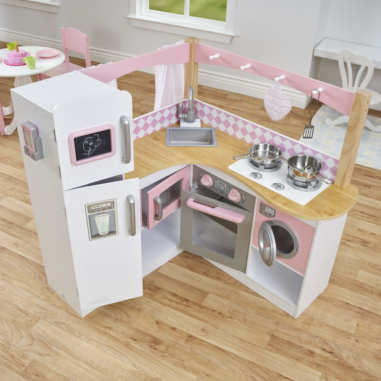 Pink and White Wooden Corner Play Kitchen Set with Accessories