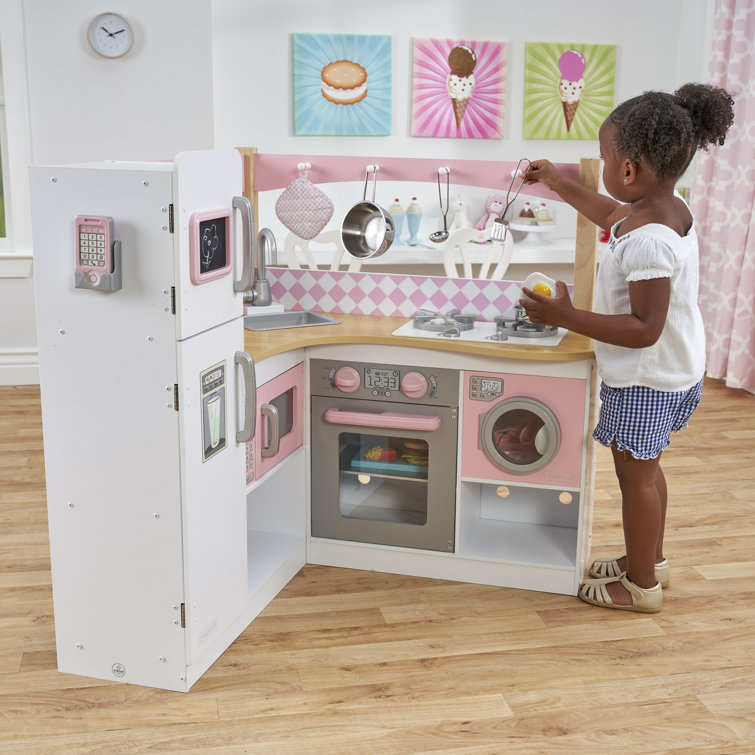 Pink and White Wooden Corner Play Kitchen Set with Accessories