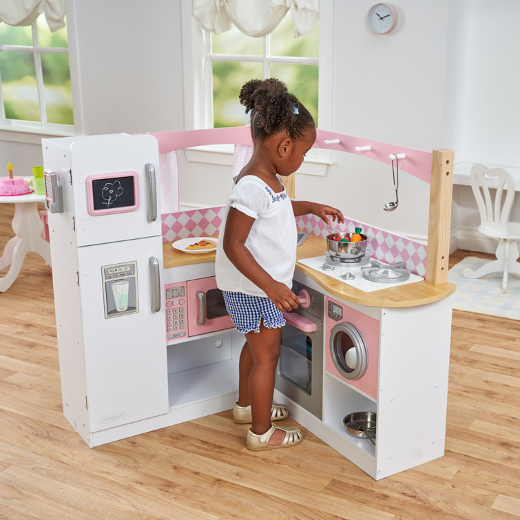 Pink and White Wooden Corner Play Kitchen Set with Accessories