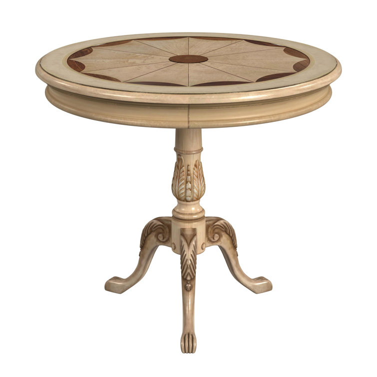 Antique Beige Round Pedestal Table with Maple and Walnut Inlay
