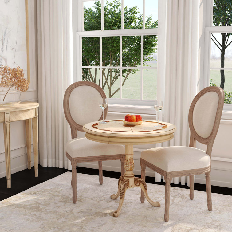 Antique Beige Round Pedestal Table with Maple and Walnut Inlay