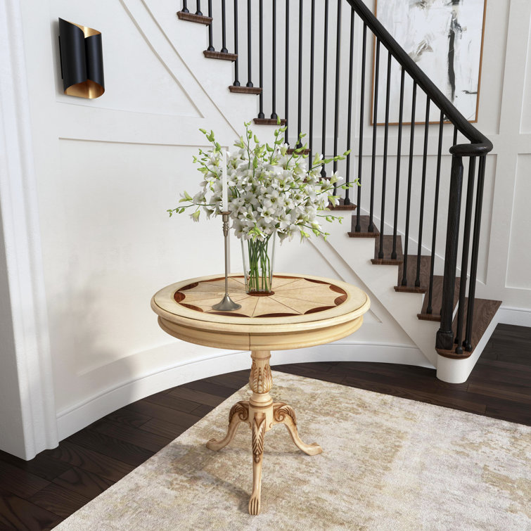Antique Beige Round Pedestal Table with Maple and Walnut Inlay