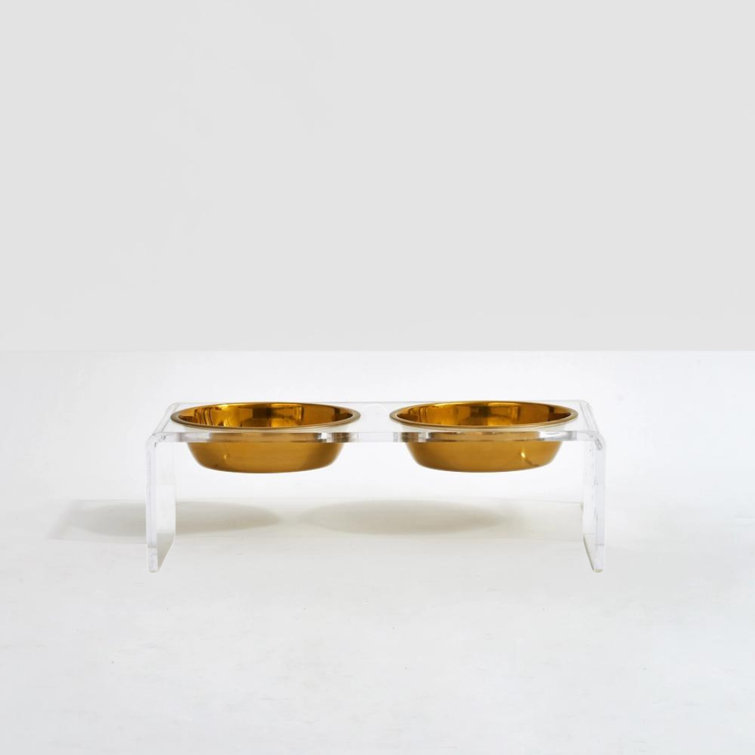 Small Clear Acrylic Elevated Feeder with Gold Bowls