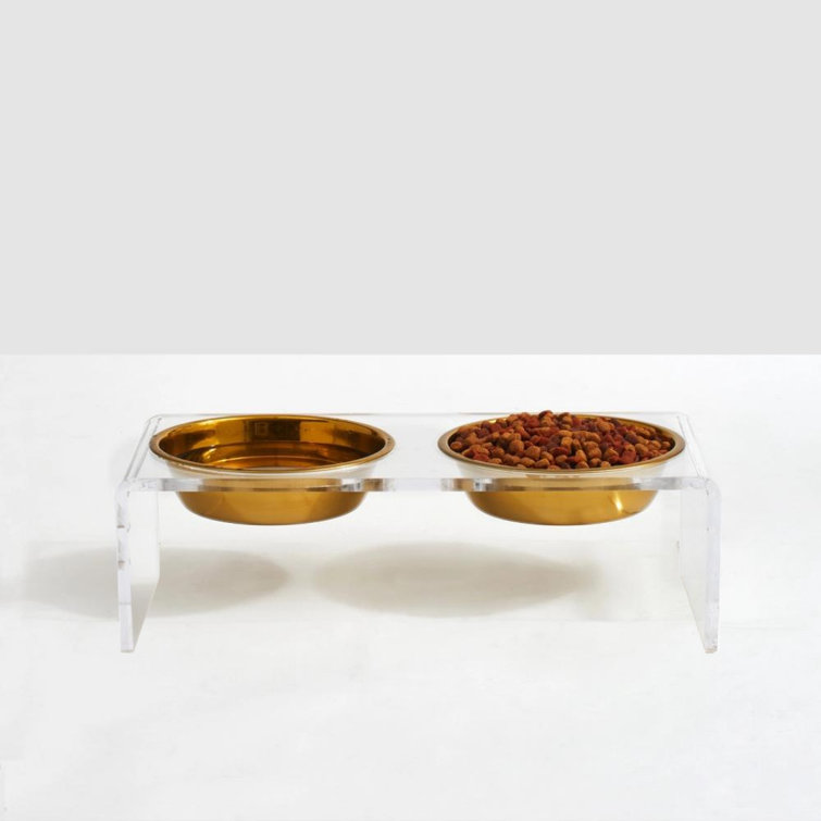 Small Clear Acrylic Elevated Feeder with Gold Bowls