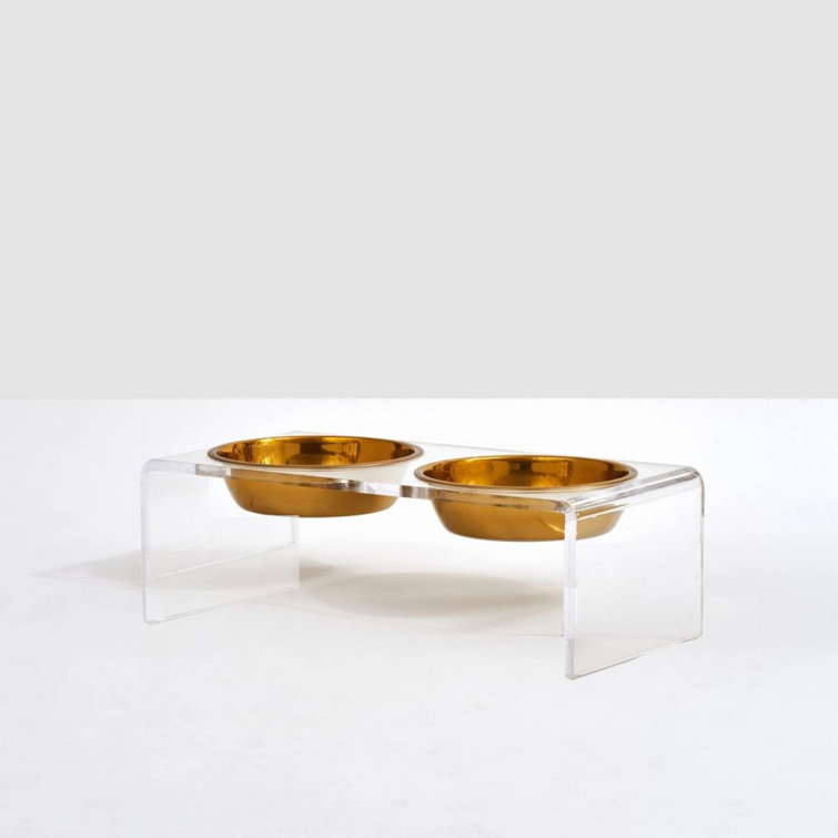 Small Clear Acrylic Elevated Feeder with Gold Bowls