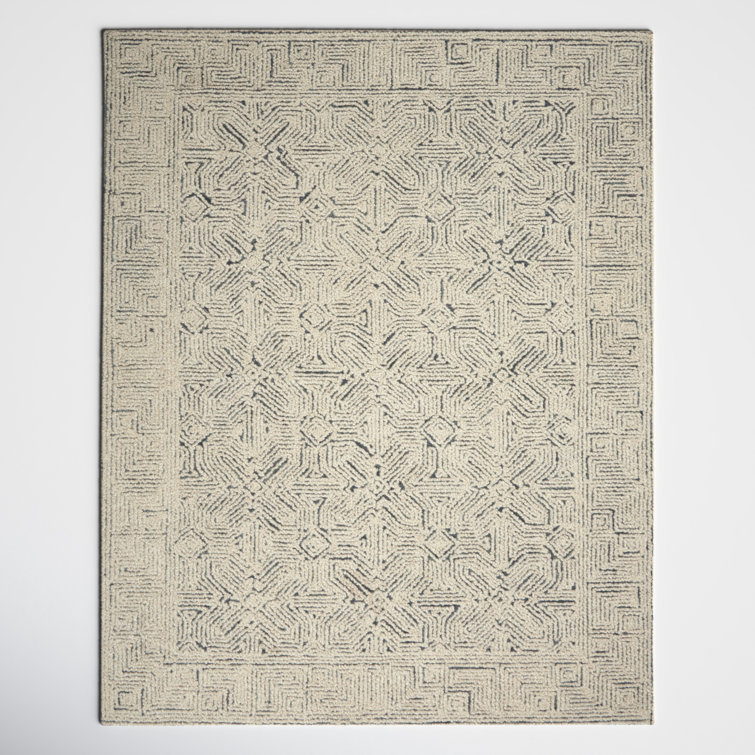 Cream and Navy Tufted Geometric Wool Area Rug