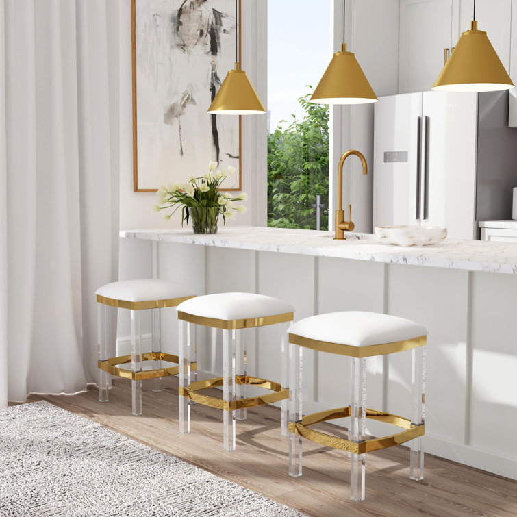 White Acrylic and Leather 24" Counter Stool with Gold Trim