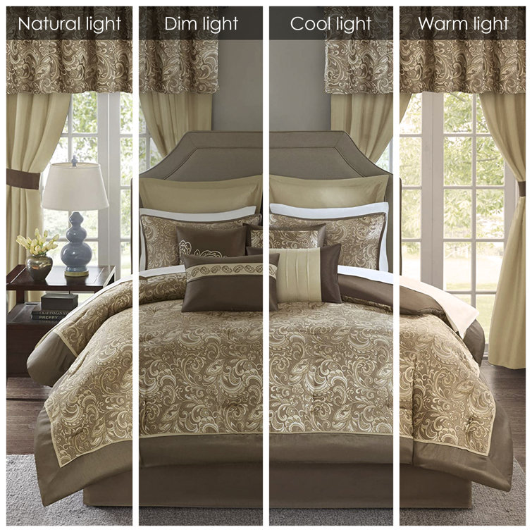 California King Brown Microfiber Paisley Comforter Set with Curtains